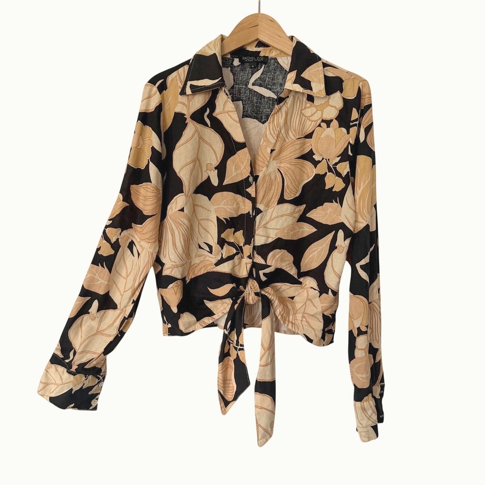 Rachel Zoe Linen Blend Tie Front Womens Medium Black Tan Tropical Shirt
